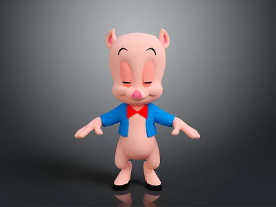 Cute Cartoon Pig Character With Blue Jacket Red Bowtie Open Arms And Closed Eyes 3d model