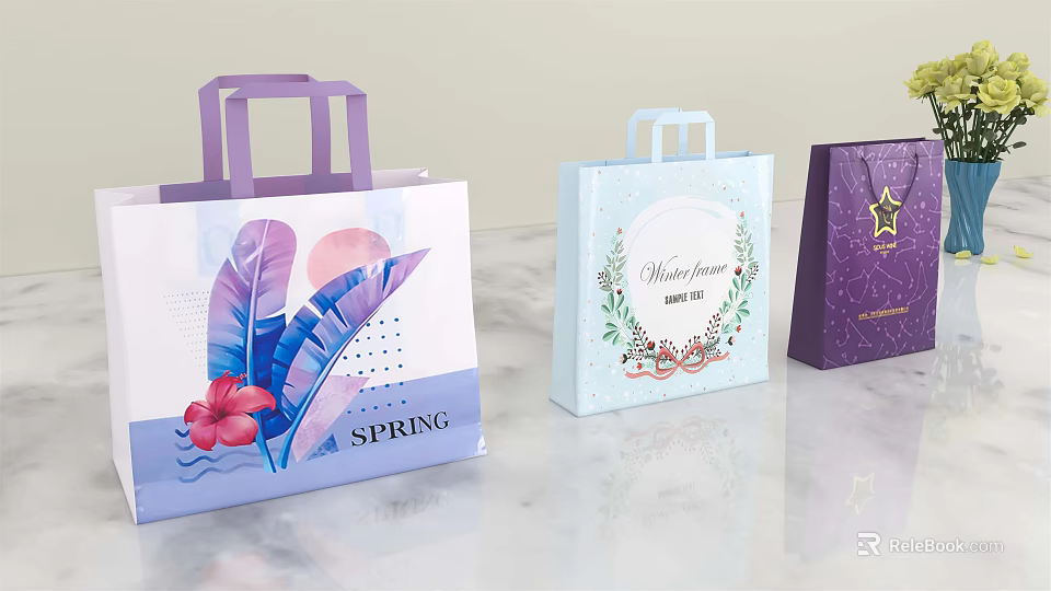 Stylish Decorative Gift Bags With Spring Theme Floral Patterns And Celebration Motifs 3d model 