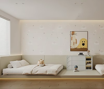 Tatami Bedroom Interior Design With Floral Wallpaper Window Blinds White Bedding And Dog Painting 3d model