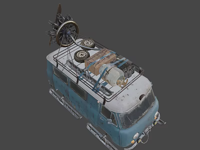 Vintage Blue And White Tracked Vehicle With Roof Cargo Wheels And Gear 3d model
