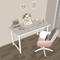 White Desk Setup With Laptop Radio Books Flowers Pink Chair Decorative Paintings Near Window Blinds