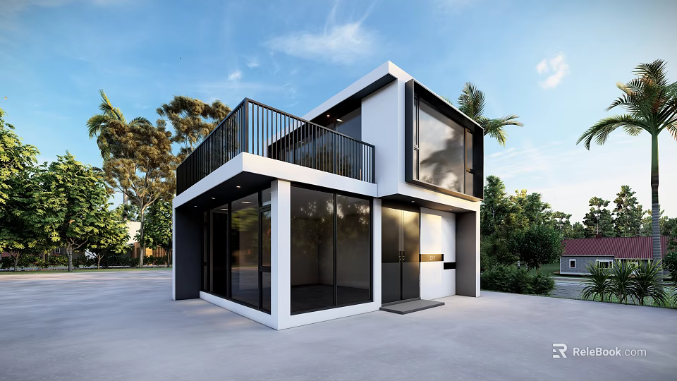 Modern Two Story House With Large Glass Windows And Black Railing Balcony 3d model 