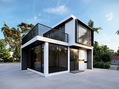 Modern Two Story House With Large Glass Windows And Black Railing Balcony 3d model