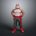 Anthropomorphic Cat Character With Muscular Torso Grey Pants Red Sash And Footwear