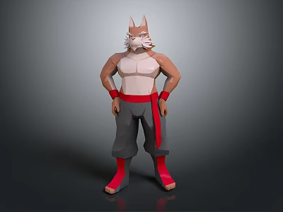 Anthropomorphic Cat Character With Muscular Torso Grey Pants Red Sash And Footwear 3d model