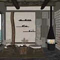 Rustic Living Room Interior With Wooden Ceiling Beams Fireplace And Large Windows