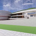 Modern School Building Featuring Circular Design Multi Story Waterfront Blue Sky Green Plants