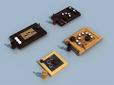 Elegant Various Tea Sets With Wooden Trays Teacups And Teapots 3d model
