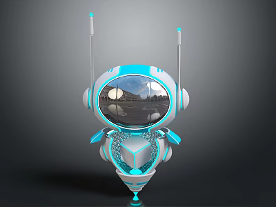 Blue Sci Fi Robot With Transparent Head And Antennas Reflected City View 3d model