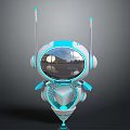 Blue Sci Fi Robot With Transparent Head And Antennas Reflected City View 3d model