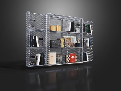Modern Metal Wire Shelving With Multiple Tiers Holding Books And Storage Containers 3d model