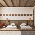 Hotel Guest Room With Wooden Ceiling Two Beds Orange Bathtub Wall Paintings And Hanging Lamps