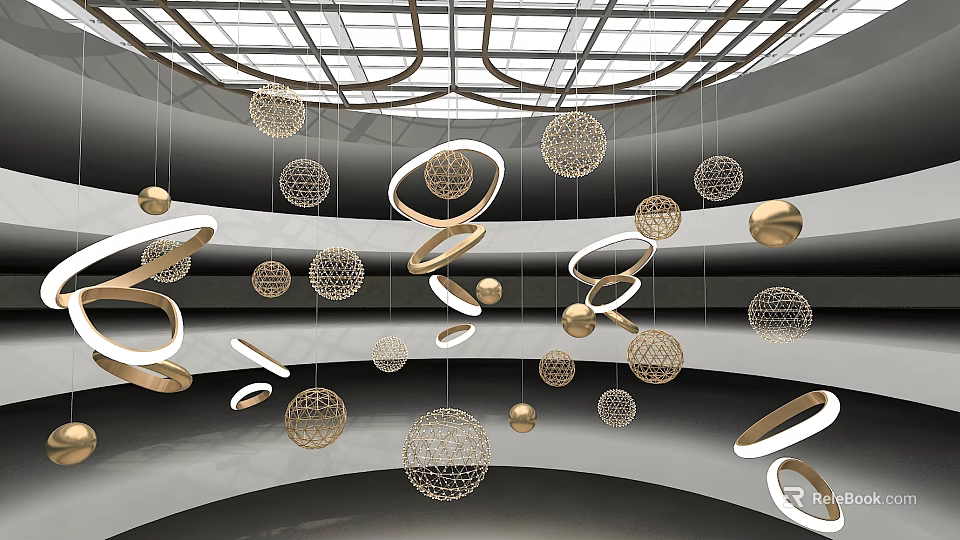 Hanging Art Installation With Golden Circular Rings And Wire Mesh Spheres In Indoor Space 3d model 