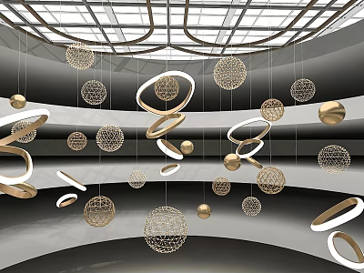 Hanging Art Installation With Golden Circular Rings And Wire Mesh Spheres In Indoor Space 3d model