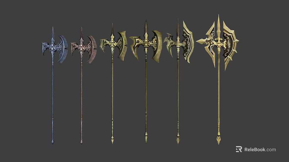 Collection of Ornate Medieval Battle Axes with Varied Designs Intricate Metalwork and Decorative Handles 3d model 