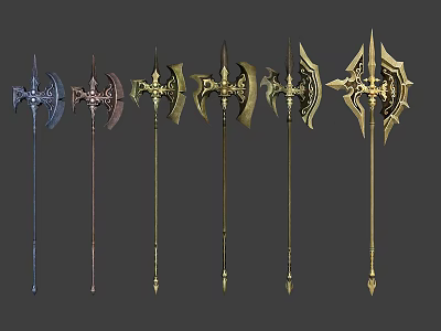 Collection of Ornate Medieval Battle Axes with Varied Designs Intricate Metalwork and Decorative Handles 3d model