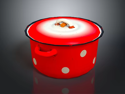 Red Enamel Household Kitchen Pot With White Polka Dots Black Rim And Handle 3d model