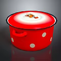 Red Enamel Household Kitchen Pot With White Polka Dots Black Rim And Handle