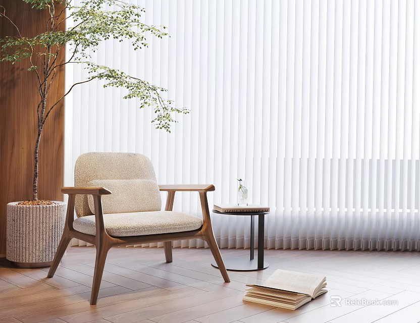 Beige Upholstered Leisure Chair With Wooden Frame Side Table And White Blinds On Wooden Floor 3d model 
