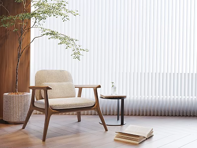Beige Upholstered Leisure Chair With Wooden Frame Side Table And White Blinds On Wooden Floor 3d model