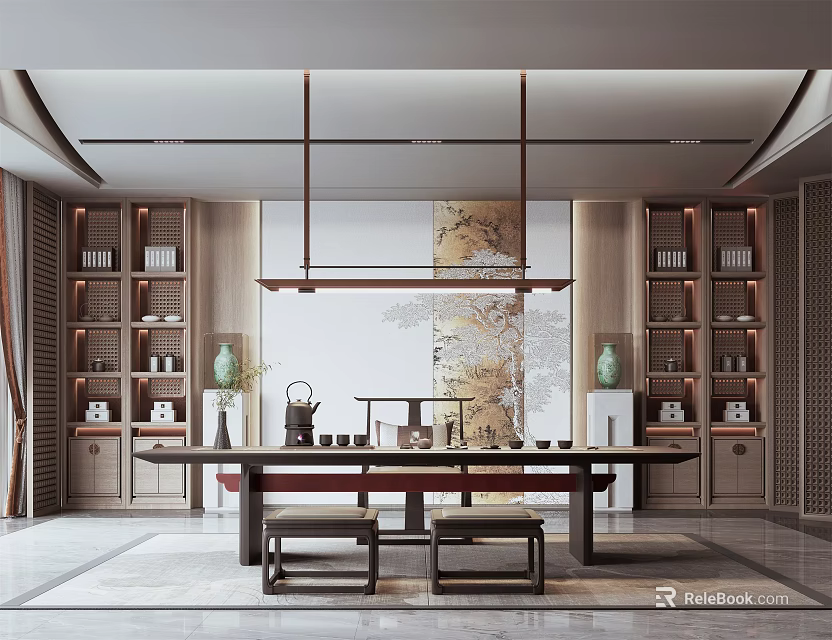 Traditional Chinese Tea Room Interior With Wooden Table Tea Sets Bookshelves And Hanging Lamps 3d model 