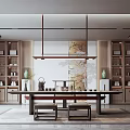 Traditional Chinese Tea Room Interior With Wooden Table Tea Sets Bookshelves And Hanging Lamps