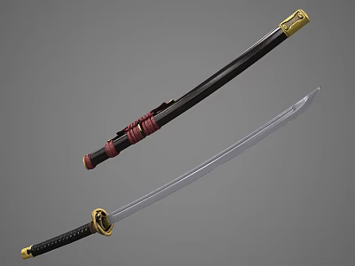Traditional Japanese Katana Swords With Black Sheath Red Straps And Silver Blades 3d model