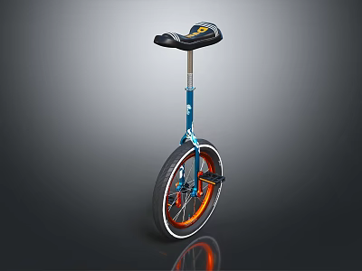 Blue Frame Unicycle With Orange Rim Wheel And Black Seat With Yellow Accents And Reflection 3d model