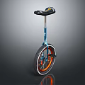 Blue Frame Unicycle With Orange Rim Wheel And Black Seat With Yellow Accents And Reflection