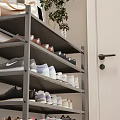 Gray Metal Multi Tier Shoe Rack With Shoes Handbag Decor And Plants