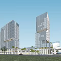Twin Modern Residential Towers With Glass Curtain Walls Green Lawns And Pedestrian Areas