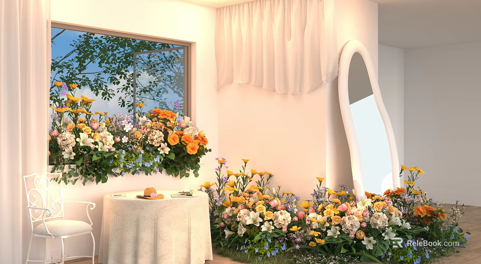 Colorful Indoor Floral Decoration Design With Window Flower Wall And Floor Arrangements 3d model 