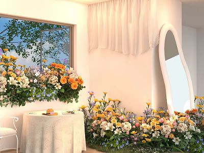 Colorful Indoor Floral Decoration Design With Window Flower Wall And Floor Arrangements 3d model