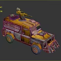 Rusty Modified Vehicle Yellow And Gray With Turret On Top Orange Wheels Post Apocalyptic Style