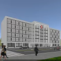 Modern White Hospital Building Exterior With Large Windows Red Cross Symbol And Pedestrians Around