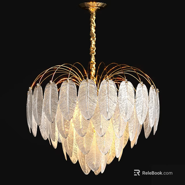 Elegant Feather Shaped Chandelier With Transparent Decor And Gold Frame 3d model 