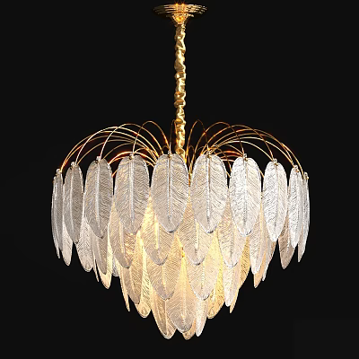Elegant Feather Shaped Chandelier With Transparent Decor And Gold Frame 3d model
