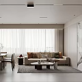 Modern Living Dining Room Interior Design With Beige Sofa Coffee Table Dining Table And Curtains