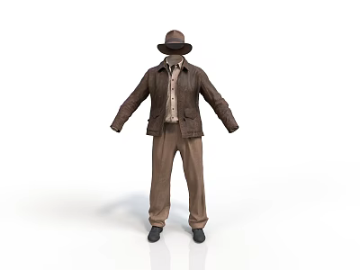 Man Dressed In Brown Jacket Brown Pants And Brown Hat Standing Against White Background 3d model