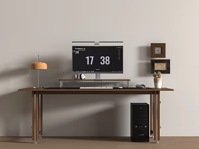 Modern Wooden Desk Setup With Computer Monitor Table Lamp And Photo Frames 3d model