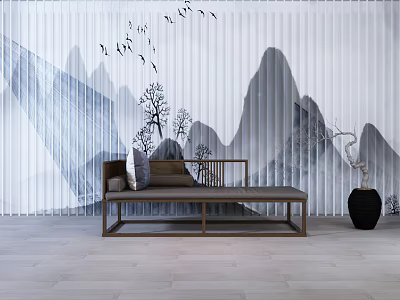Chinese Style Sofa Background Wall With Ink Landscape Birds Trees 3d model Chinese Style Sofa Background Wall With Ink Landscape Birds Trees 3d model