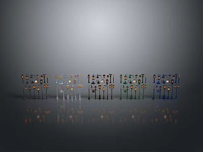 Multiple Colorful Shelf Structures With Small Lights Neatly Arranged On Gray Background With Floor Reflections 3d model