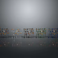 Multiple Colorful Shelf Structures With Small Lights Neatly Arranged On Gray Background With Floor Reflections