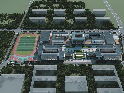 Modern School Campus Design With Swing Doors Sports Field And Green Areas 3d model