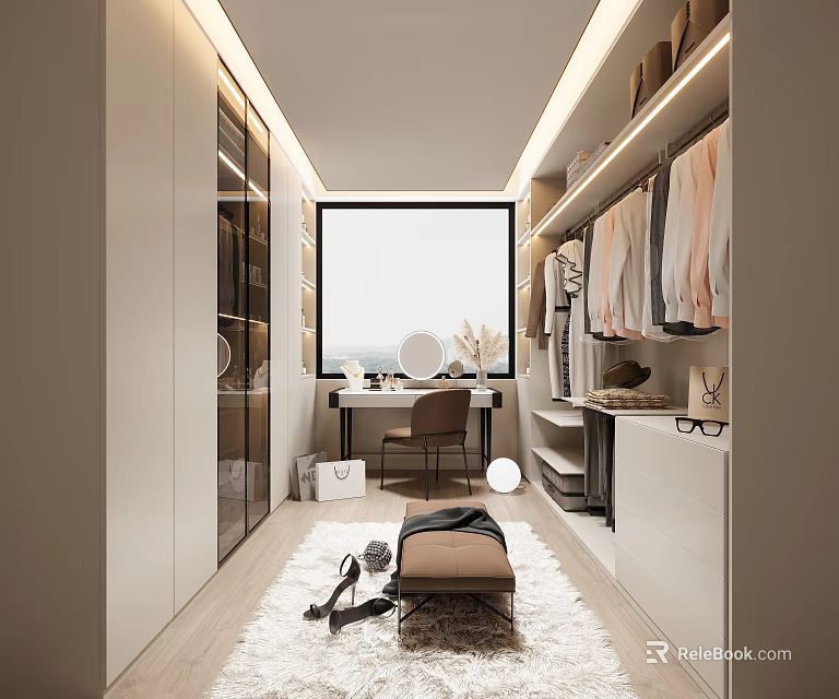 Modern Minimalist Walk in Closet With Large Window Desk Shoes And Bag 3d model 