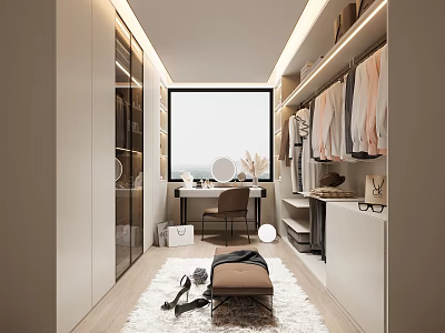 Modern Minimalist Walk in Closet With Large Window Desk Shoes And Bag 3d model