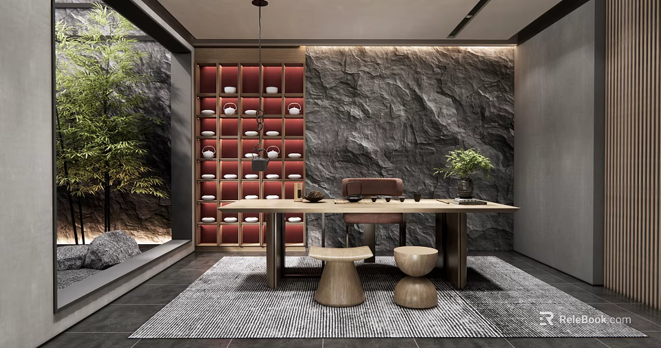 Modern Tea Room Interior Featuring Rock Wall Tea Utensil Shelf Table Chair And Green Plant 3d model 