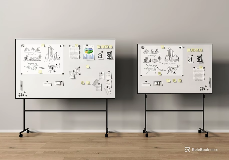 Public Facility Whiteboards with Stands Featuring Hand Drawn Sketches Sticky Notes and Charts 3d model 