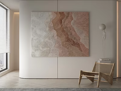 Modern Minimalist Interior Featuring Large Textured Abstract Painting Wooden Chair And White Sculpture 3d model