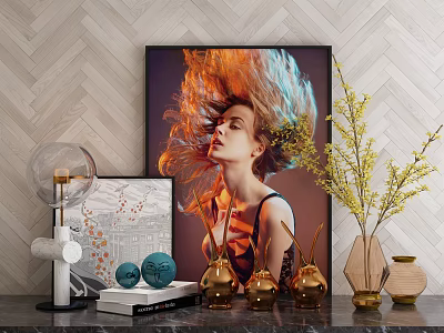 Modern Decorative Ornament Set With Framed Picture Vase And Decorative Balls On Table 3d model